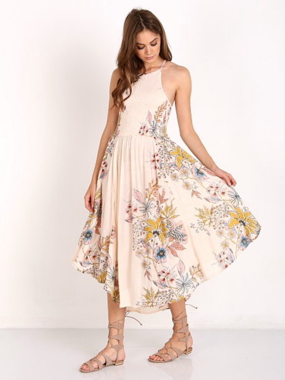 Free People "Seasons in the Sun" Smocked Midi Slip Dress - Floral
